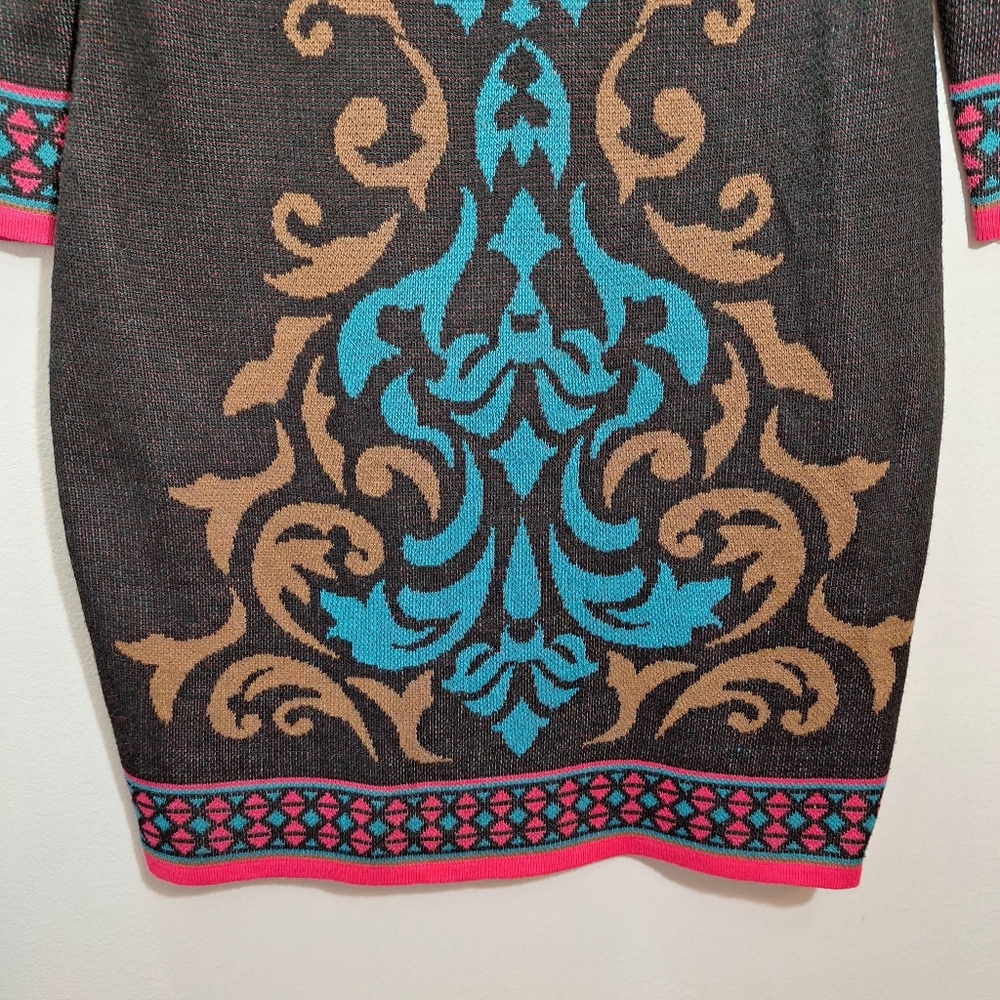 NWT FLYING TOMATO Multicolor Teal Pink Asymmetrical Midi Sweater Dress Medium - Picture 3 of 14